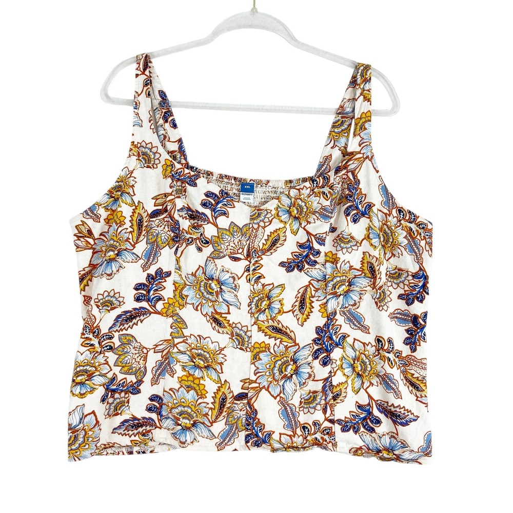 Old Navy XXL Linen Blend Floral Paisley Tank Top Smocked‎ Back Cream Blue Gold